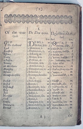 (Onomastikon brachy) sive. Nomenclatura brevis Anglo-Latino-Græca. In usum scholæ Westmonasteriensis. Per F.G. Editio duodecima emendata. Together with Examples of the five declensions of nouns; with the words in propria quæ maribus and quæ genus reduced to each declension