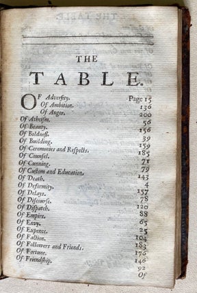 The essays or counsels, civil and moral, of Sir Francis Bacon, Lord Verulam, Viscount St Alban. With a table of the colours of good & evil. Whereunto is added the wisdom of the antients. Enlarged by the honourable author himself; and now more exactly published.